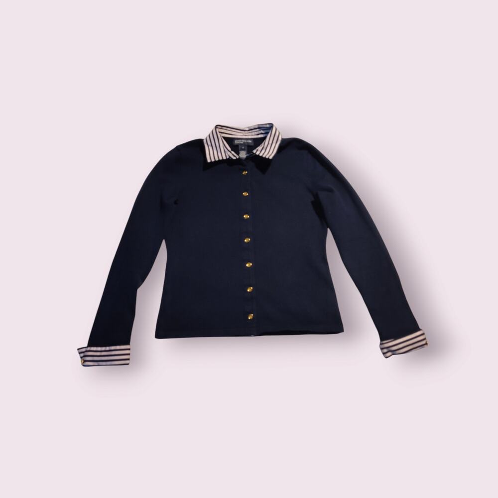 Jones New York Women's Cardigan‎ Sweater Size Small Navy Striped Collar/Cuff
